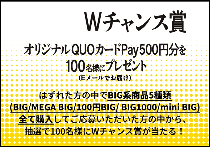 Wチャンス賞 オリジナルQUOカードPay500円分を100名様にプレゼント（Eメールでお届け） はずれた方の中でBIG系商品5種類(BIG/MEGA BIG/100円BIG/ BIG1000/mini BIG)全て購入してご応募いただいた方の中から、抽選で100名様にWチャンス賞が当たる！